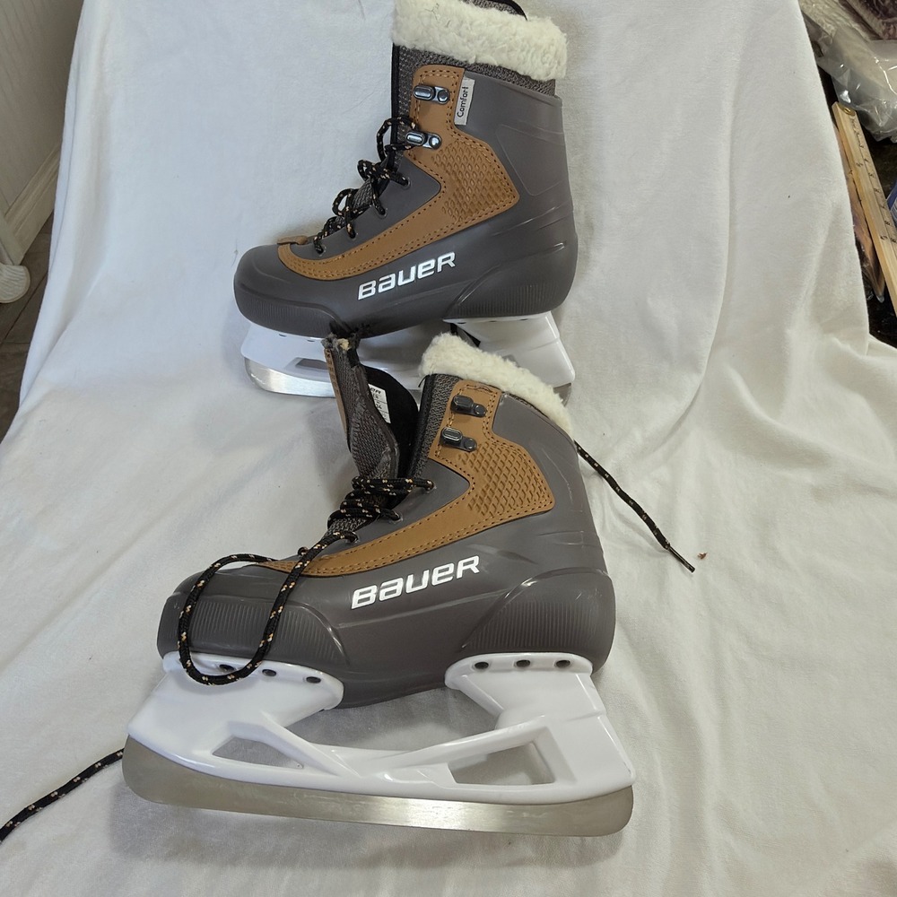 Bauer Whistler Ice Skates Kids Size Jr 2 Grey Tan Good Faux Fur Comfort Skates